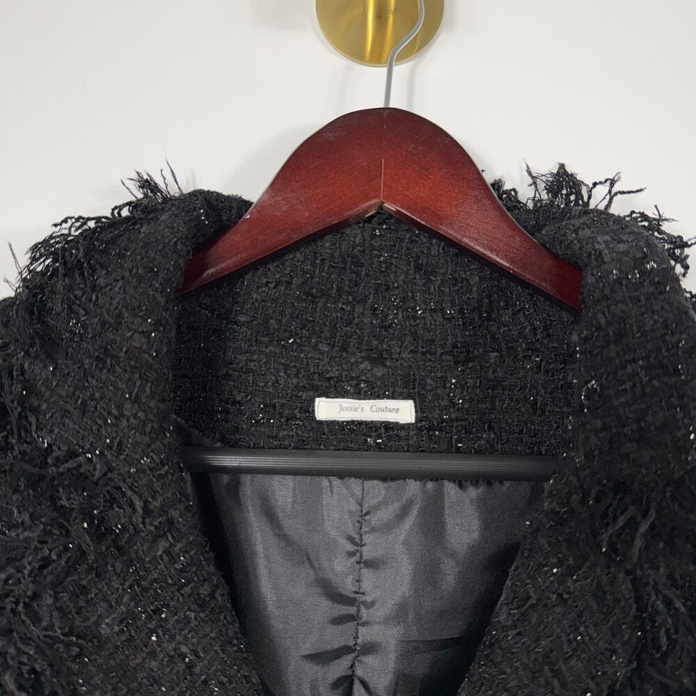 Jossie's Couture Black Frayed Tweed Jacket fringed hem and cuffs glitter Sz S - Picture 3 of 7